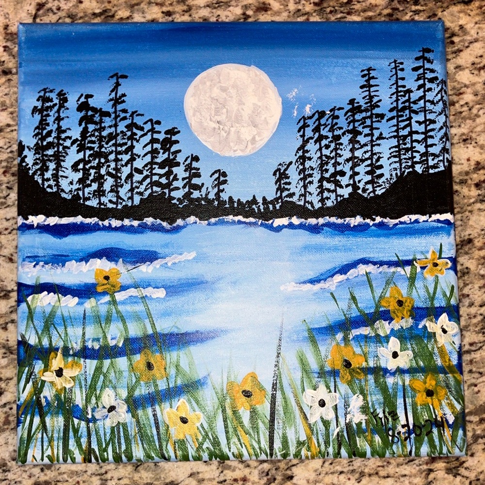 HandPainted Moonlit Lake Landscape 12”x12” Original Canvas Art by Friz